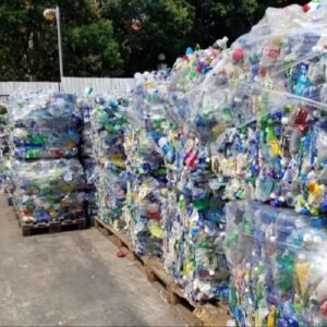 Blue and green PET bottle scrap sorted for recycling